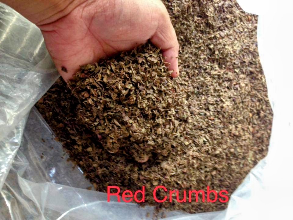 red crumbs aka crushed leaf ready for blending and grinding